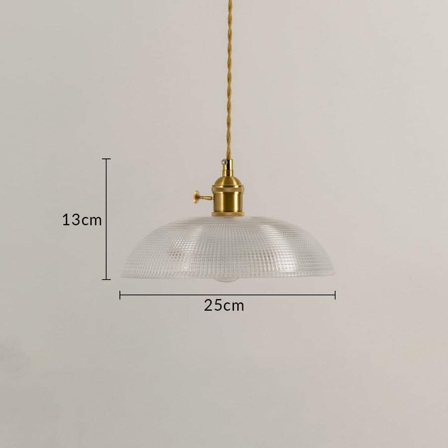 Dimension image of textured clear glass pendant light with brass holder showing 13 cm height and 25 cm width.