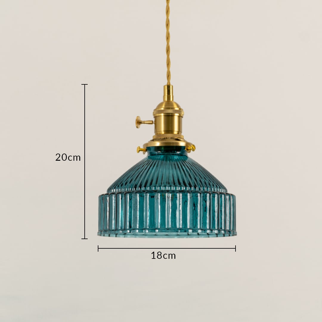 Blue ribbed glass and brass pendant light dimension image with 18 cm width and 20 cm height for dining room placement.