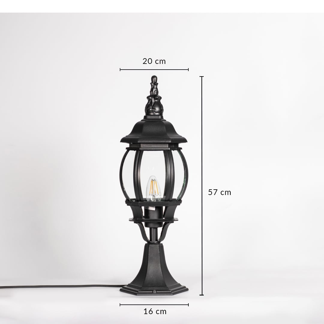 Black outdoor gate light dimension image with 57 cm height and 20 cm width for exterior decor use.