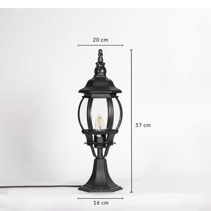 Black outdoor gate light dimension image with 57 cm height and 20 cm width for exterior decor use.