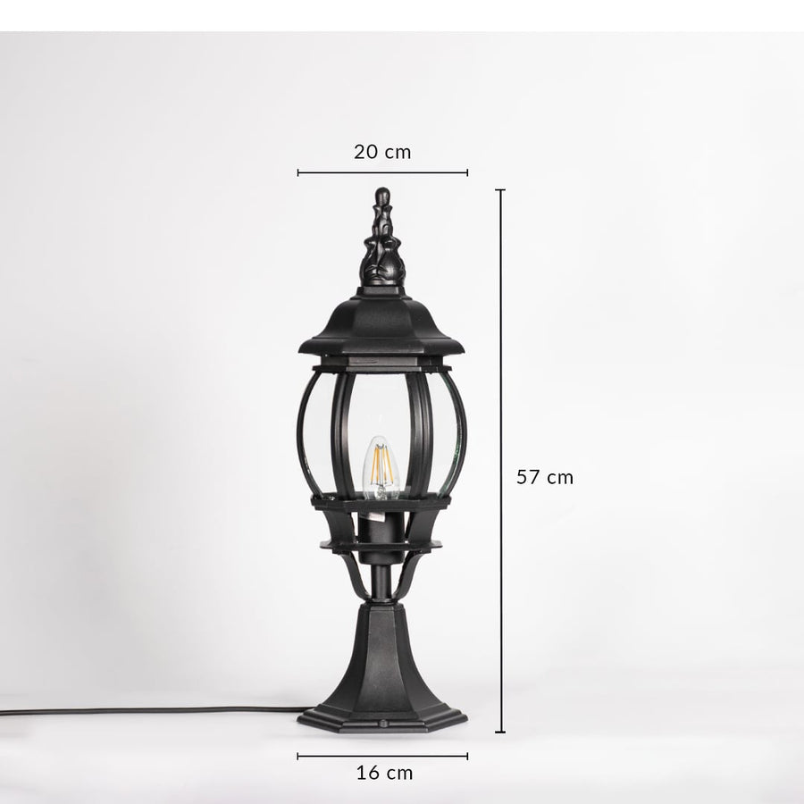 Black outdoor gate light dimension image with 57 cm height and 20 cm width for exterior decor use.