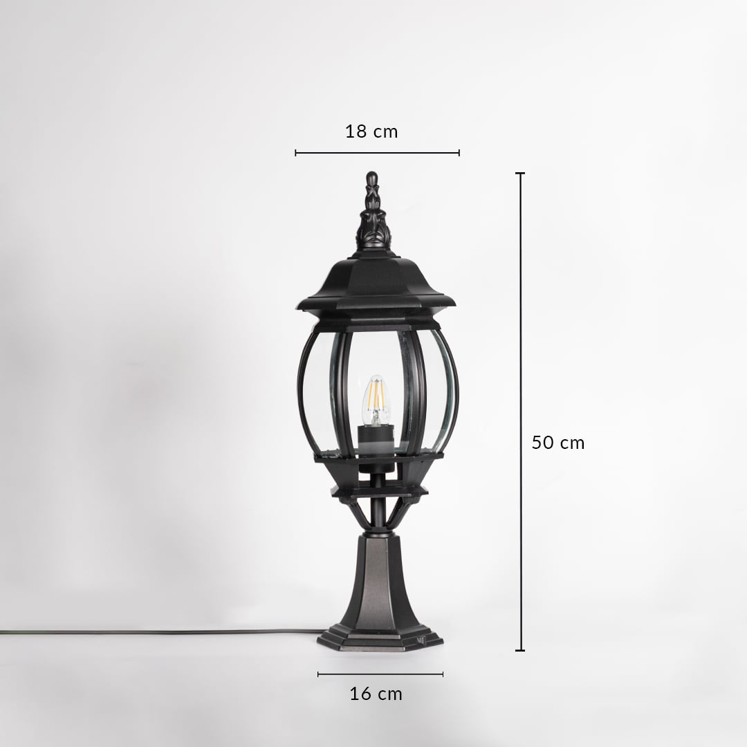 Outdoor black pillar lamp with round glass showing 50 cm height 18 cm width and 16 cm base size for villa and garden use.
