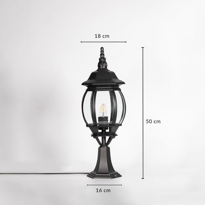 Outdoor black pillar lamp with round glass showing 50 cm height 18 cm width and 16 cm base size for villa and garden use.