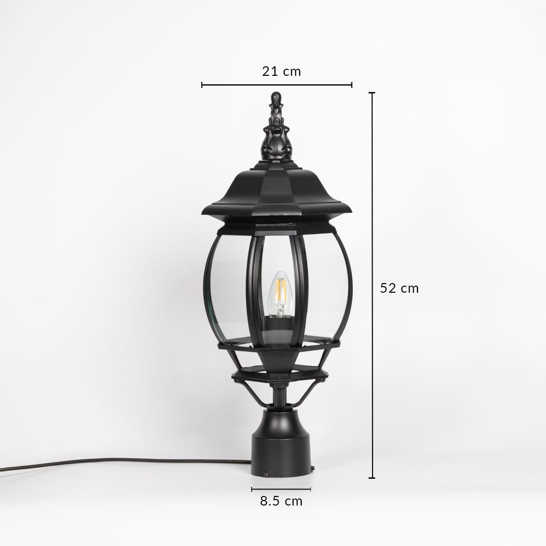 Outdoor pillar lamp in matte black with curved glass showing 52 cm height 21 cm width and 8.5 cm base size details.