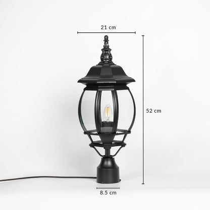 Outdoor pillar lamp in matte black with curved glass showing 52 cm height 21 cm width and 8.5 cm base size details.