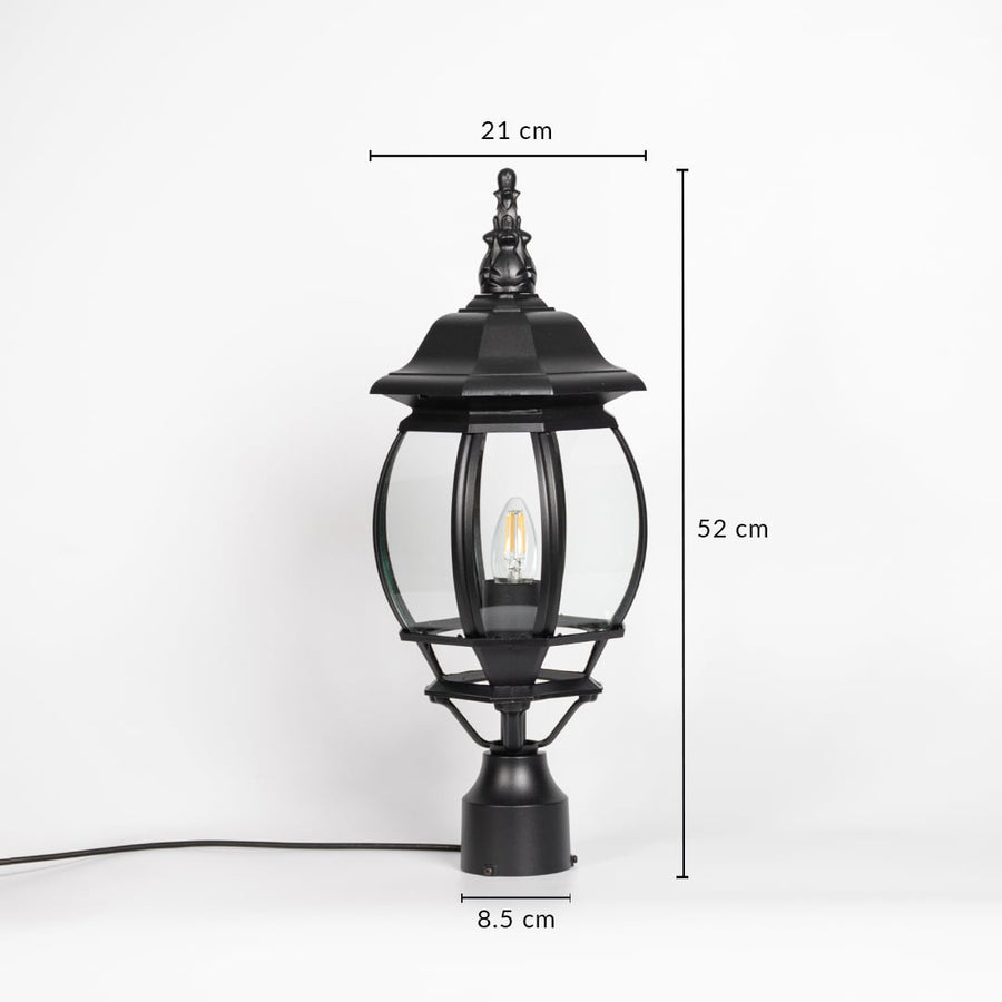 Outdoor pillar lamp in matte black with curved glass showing 52 cm height 21 cm width and 8.5 cm base size details.