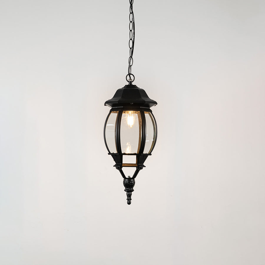 Contemporary black metal hanging lantern light with clear curved glass for modern outdoor lighting decor.