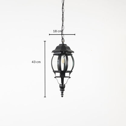 Outdoor hanging lantern light dimension image showing height 43 cm and width 18 cm with sleek finish.