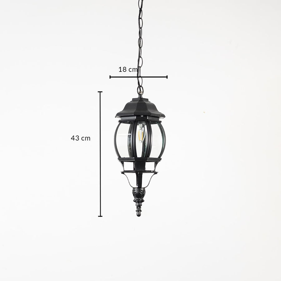 Outdoor hanging lantern light dimension image showing height 43 cm and width 18 cm with sleek finish.