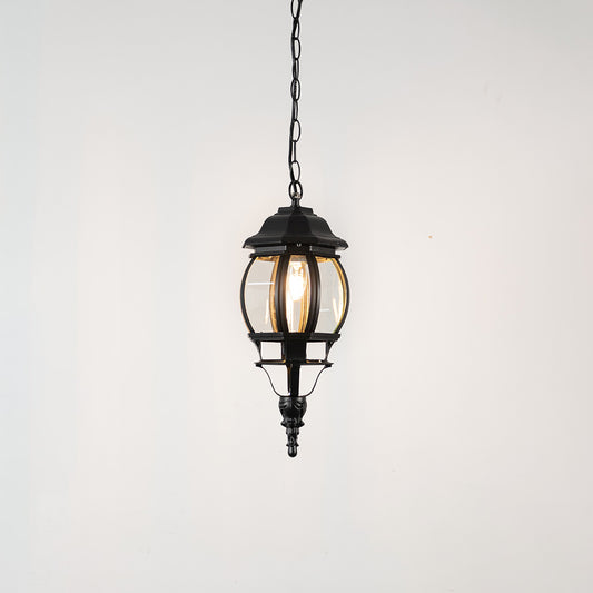 Elegant black metal hanging lantern light with warm glow for stylish balcony and patio decor.