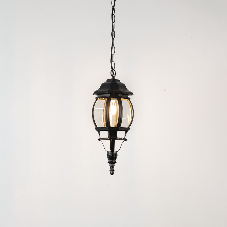 Elegant black metal hanging lantern light with warm glow for stylish balcony and patio decor.