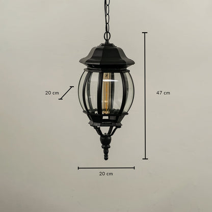 Outdoor hanging lantern light dimension image showing height 47 cm and width 20 cm with elegant black finish.