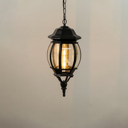 Hanging outdoor lantern light glowing softly on white background with classic round shape and black finish.