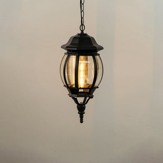 Hanging outdoor lantern light glowing softly on white background with classic round shape and black finish.