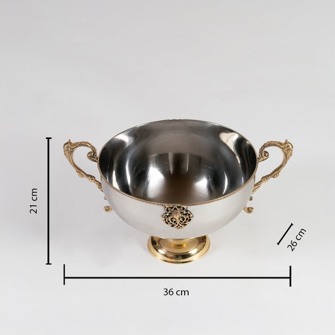 A silver metal fruit bowl with golden detailing shown on a white background measuring 22 cm in width 22 cm in depth and 11 cm in height providing clear product dimensions.