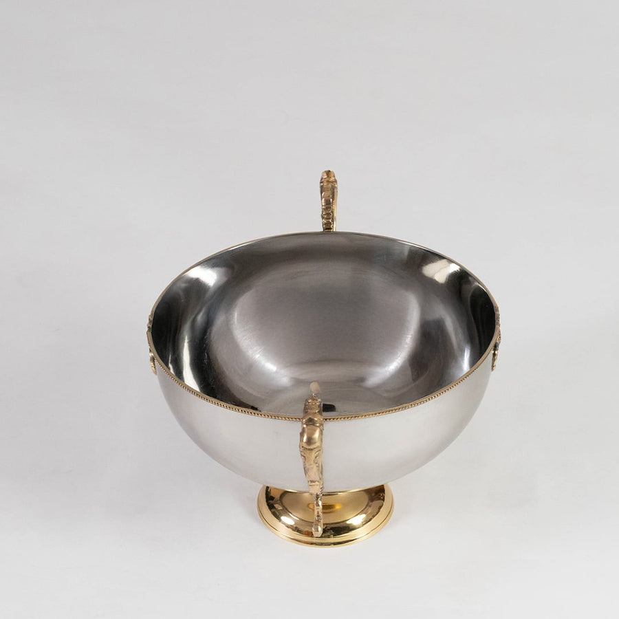 Silver decorative bowl with gold base handles and crest shown front-facing on white background for product display.