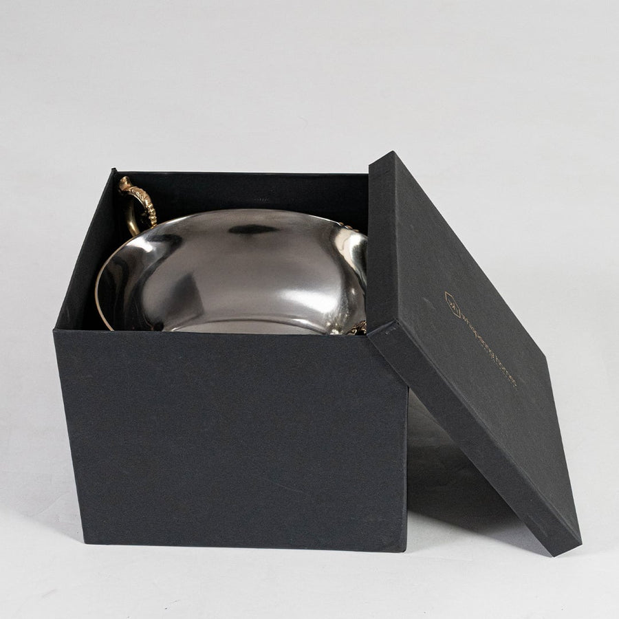 Silver bowl with gold details shown with 27 cm height and 30 cm width labeled dimensions and elegant finish.