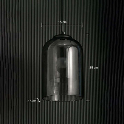 A smoked glass dome pendant light with clear size details measuring 28 cm height and 15 cm width and 15 cm depth for correct placement.
