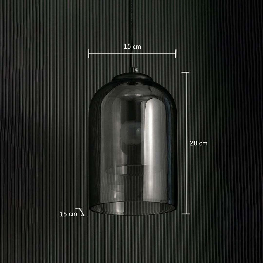 A smoked glass dome pendant light with clear size details measuring 28 cm height and 15 cm width and 15 cm depth for correct placement.