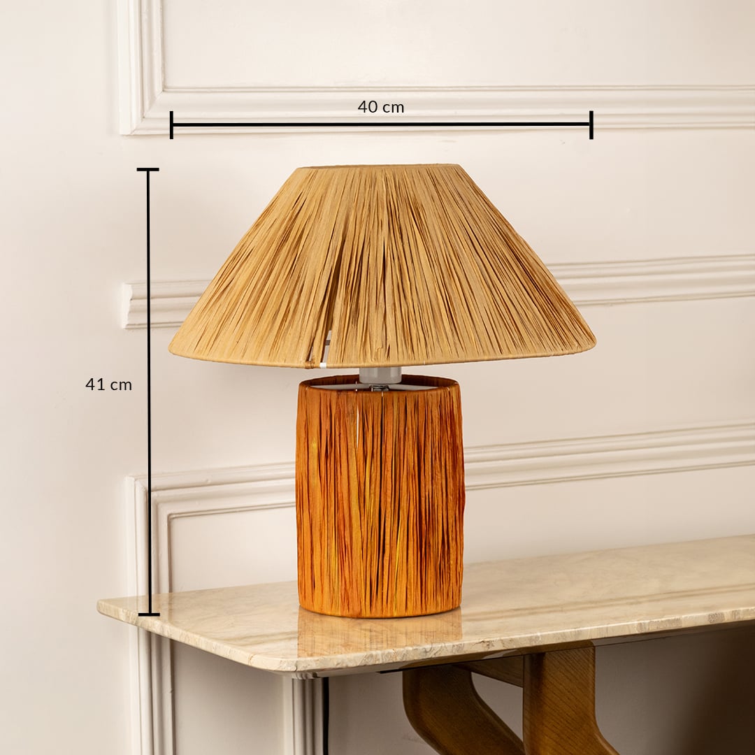 Natural wood table lamp with woven fabric shade measuring 41 cm height and 43 cm width for rustic decor lighting.