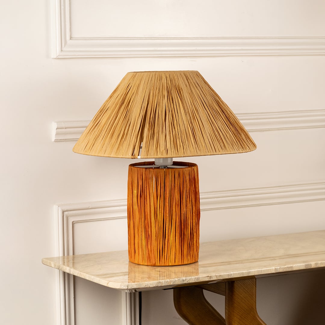 Natural wood table lamp with woven shade showcasing organic texture and warm rustic contemporary home decor.