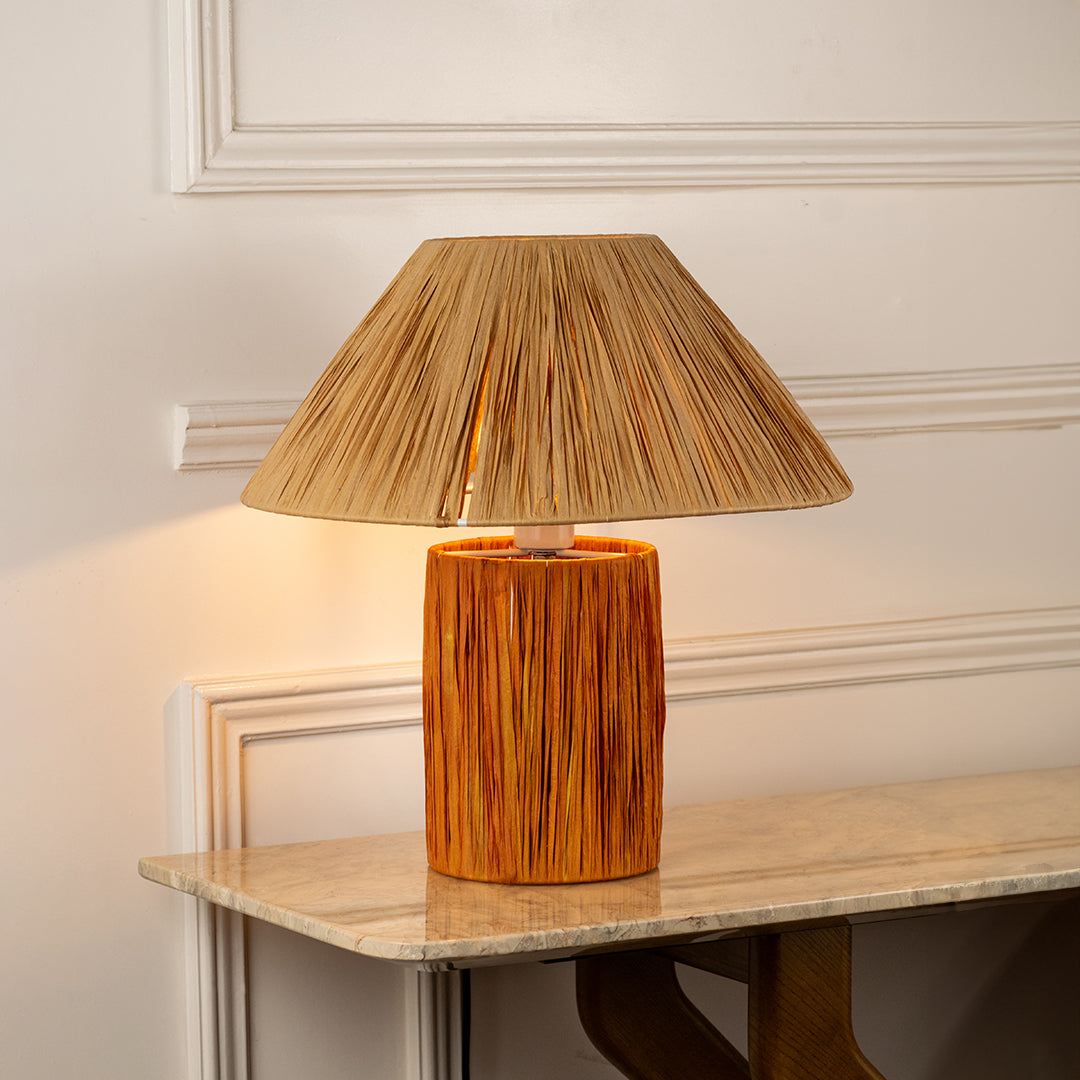 Table lamp with woven shade and textured base perfect for rustic bedroom or living room table decor styling on clean background.