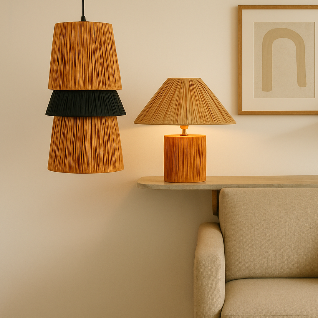 Table lamp and pendant light with woven shades light on placed beside a beige sofa creating a warm cozy modern interior look.