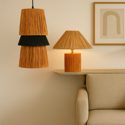 Table lamp and pendant light with woven shades light on placed beside a beige sofa creating a warm cozy modern interior look.