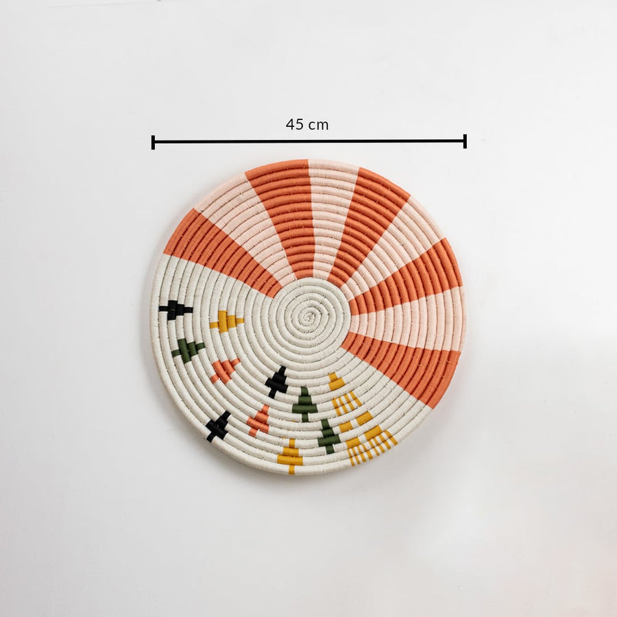 Cotton woven wall plate in orange and cream pattern shown on a white background with 45 cm size detail for accurate measurement and precise wall decor selection.