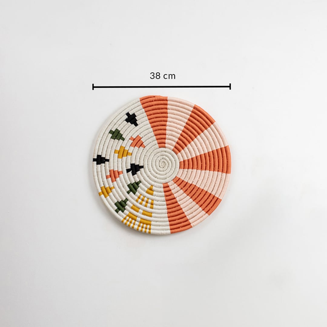 Cotton woven wall plate with orange and cream design displayed on a white background showing 38 cm dimensions for accurate wall decor sizing.