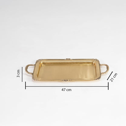 A gold serving tray shown on a white background with clear dimensions labeled as 47 cm in length 21 cm in width and 3 cm in height.