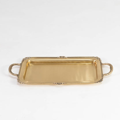 Gold rectangular metal tray with decorative handles shown on white background with 47 cm by 24 cm measurements.
