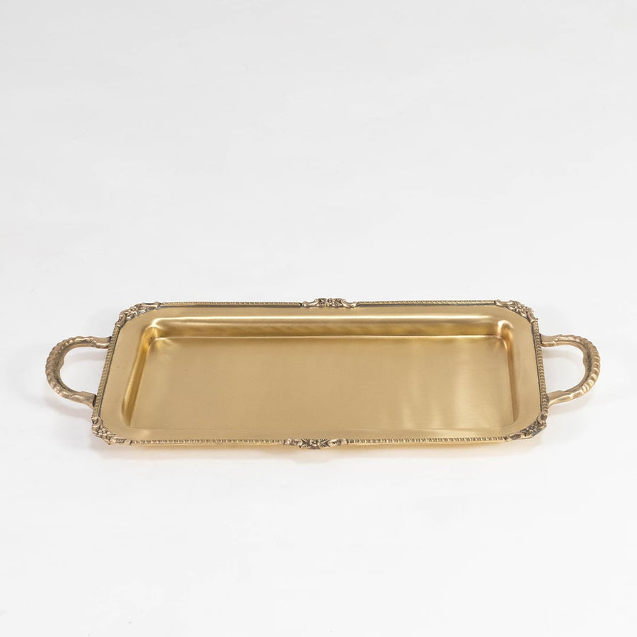 Gold rectangular metal tray with decorative handles shown on white background with 47 cm by 24 cm measurements.