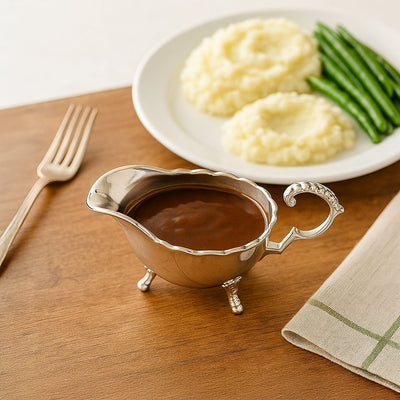 Elegant silver plated gravy boat with lion paw feet filled with rich brown gravy on a wooden table next to mashed potatoes and green beans.