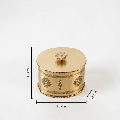 A brass storage box on a white background with clearly marked dimensions showing 13 cm width 11 cm depth and 12 cm height highlighting its compact form.