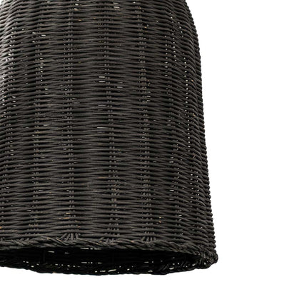 Closeup of black rattan pendant light showing detailed woven texture and smooth hand-finished curves.