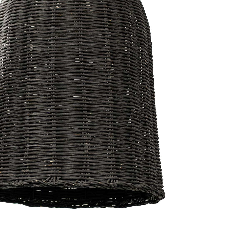 Closeup of black rattan pendant light showing detailed woven texture and smooth hand-finished curves.