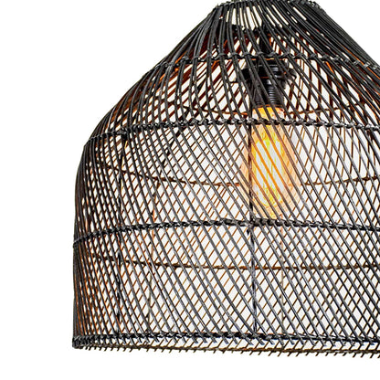 Closeup of handcrafted black rattan pendant lamp showcasing detailed weaving pattern and premium artisanal craftsmanship.