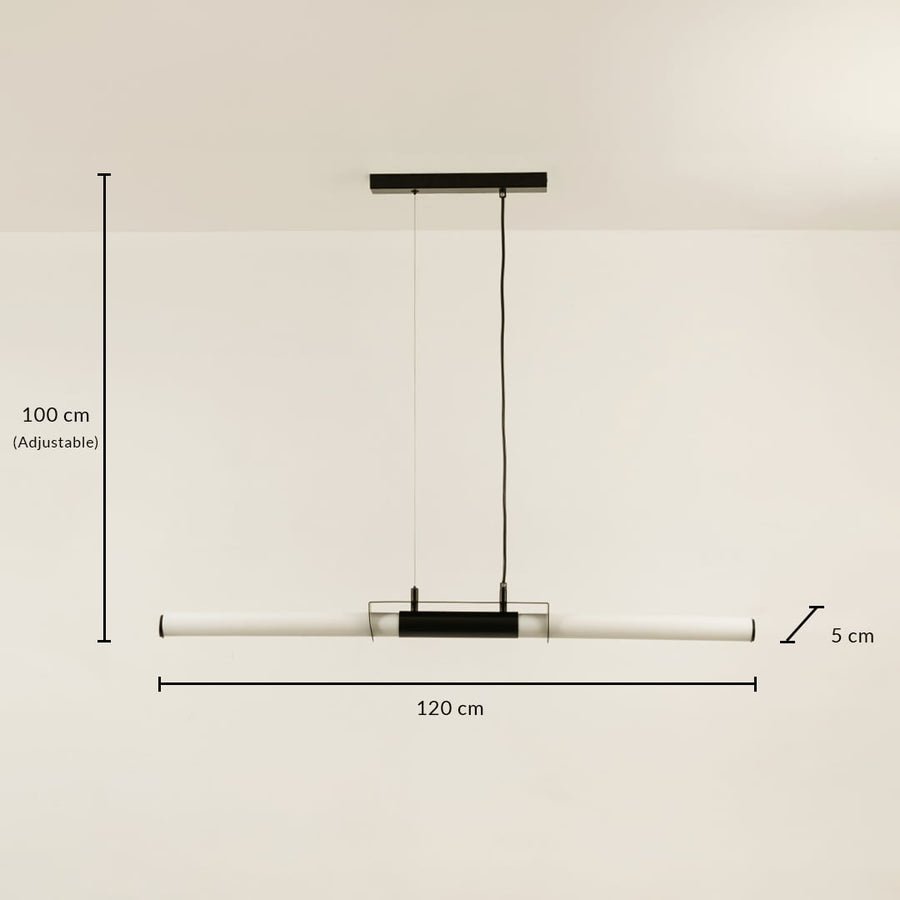 Black linear pendant light measuring 120 cm width and 100 cm adjustable height with 5 cm depth for ceiling placement accuracy.