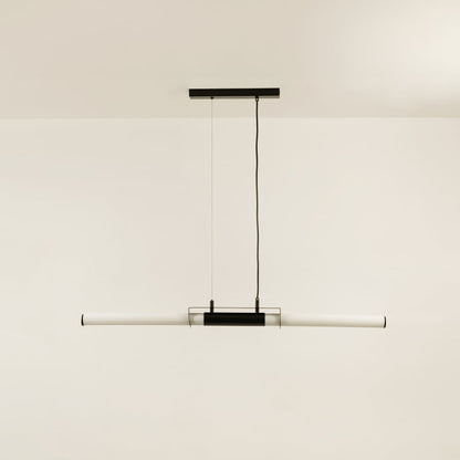 Black pendant light with white acrylic tube displayed off on white background showing clean modern ceiling design.