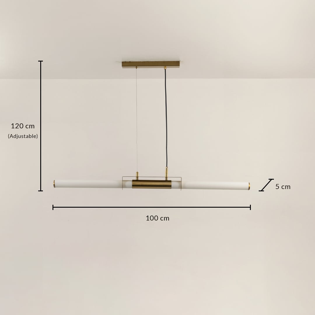 Gold metal linear LED pendant light measuring 120 cm height and 130 cm width for modern dining room lighting.