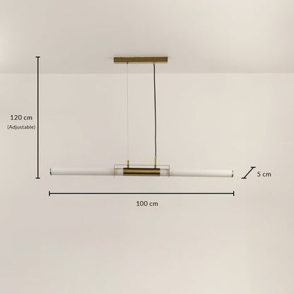 Gold metal linear LED pendant light measuring 120 cm height and 130 cm width for modern dining room lighting.