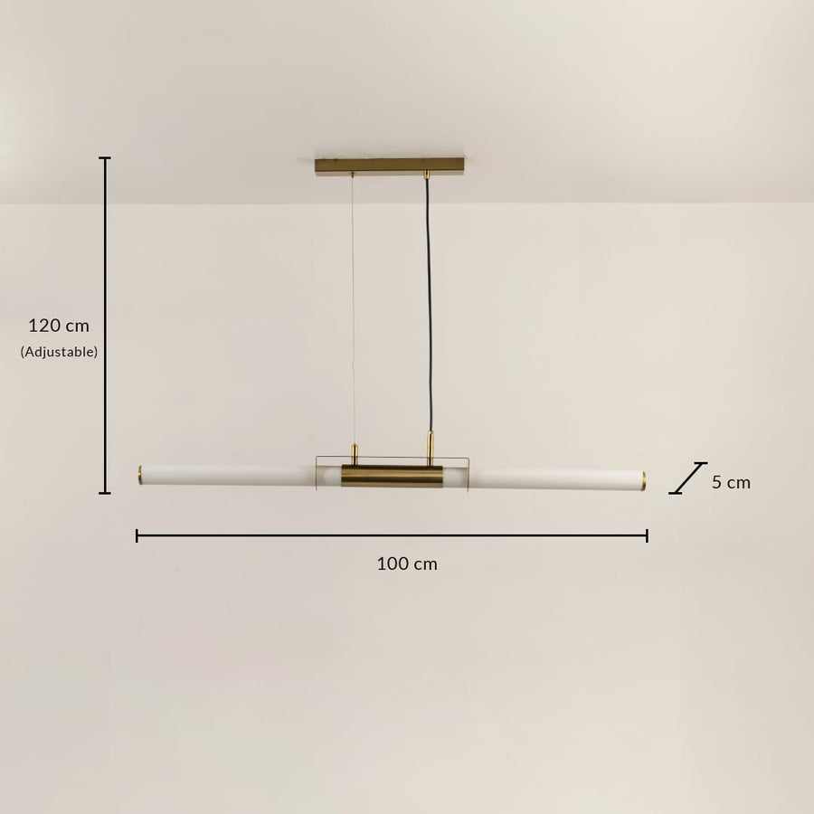Gold metal linear LED pendant light measuring 120 cm height and 130 cm width for modern dining room lighting.
