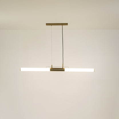 Gold metal linear LED pendant light with integrated illumination offering sleek contemporary ceiling lighting design.