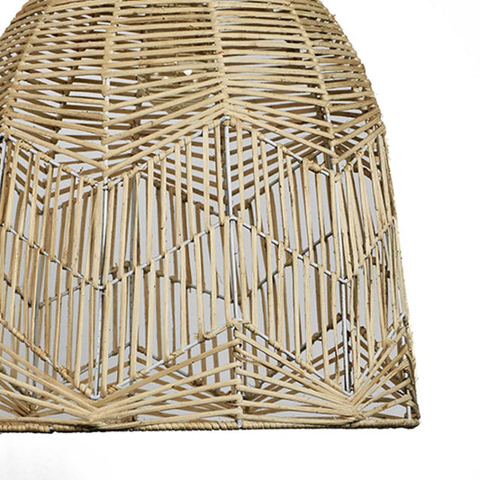 Handwoven bamboo pendant light with intricate lattice weave and dome shape hanging against soft neutral wall background for warm boho decor.