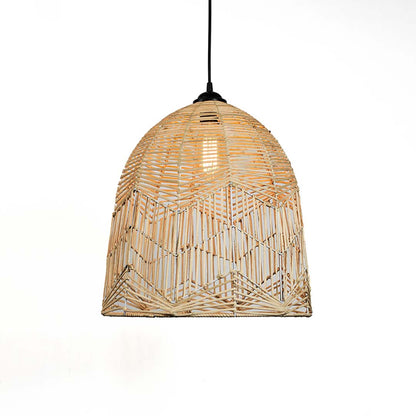 Woven bamboo pendant light glowing warmly on white background showcasing intricate handwoven dome design.