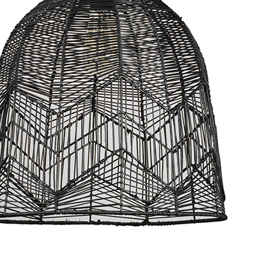 Closeup of black bamboo pendant light showing intricate handwoven design and fine detailing of the shade.