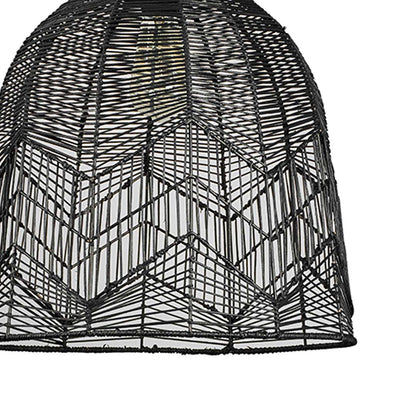 Closeup of black bamboo pendant light showing intricate handwoven design and fine detailing of the shade.