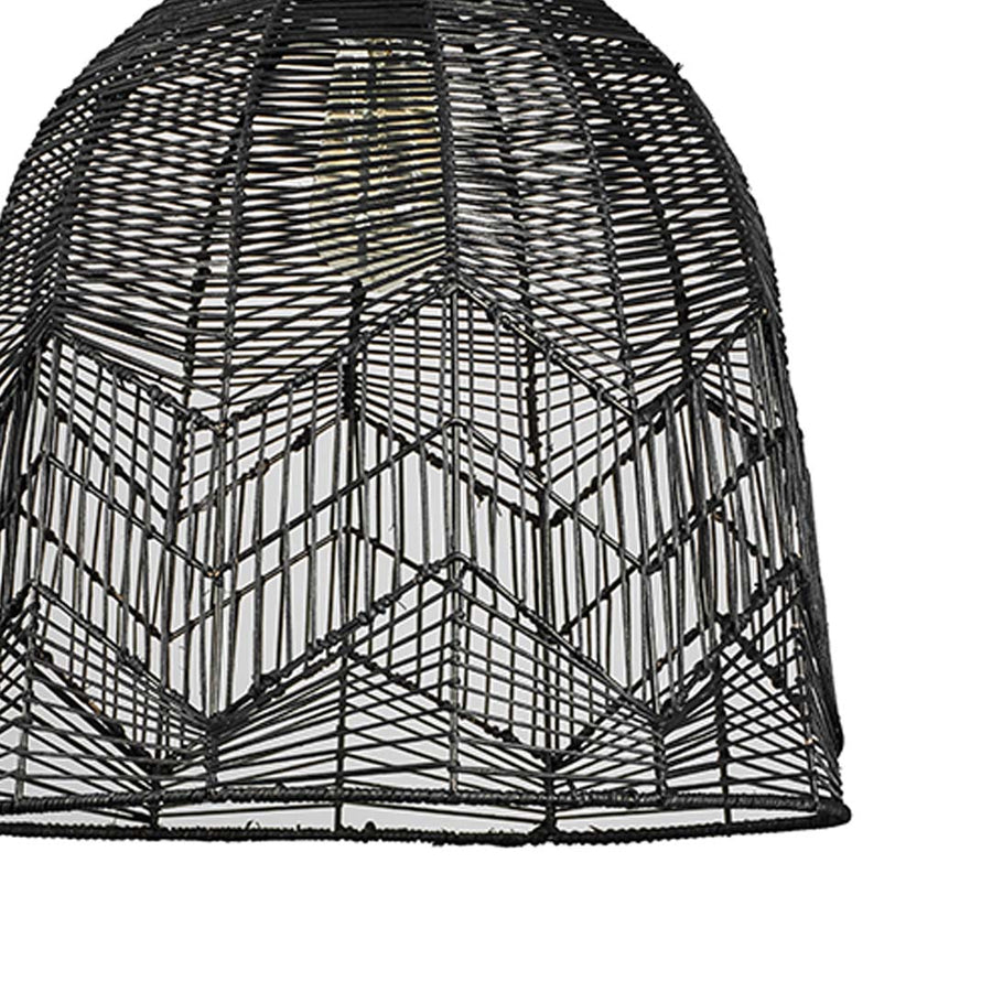 Closeup of black bamboo pendant light showing intricate handwoven design and fine detailing of the shade.