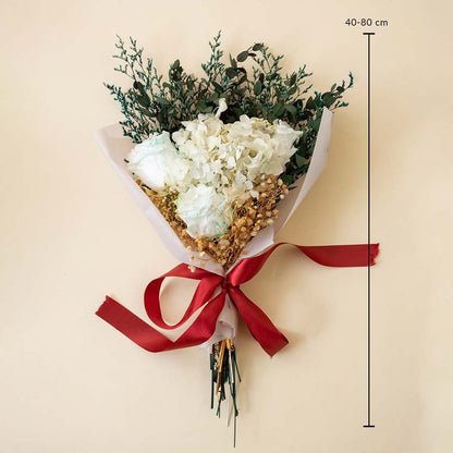 Dried flower bouquet with infinity rose hydrangea babysbreath eucalyptus 40 to 80 cm tall wrapped in white paper with bow.